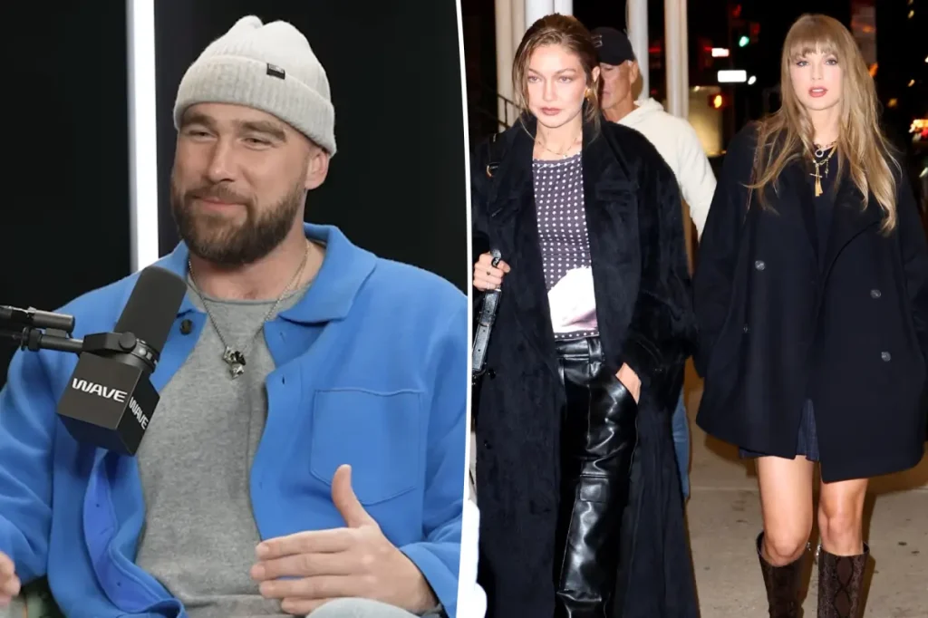 Travis Kelce sports Gigi Hadid's clothing line on the 'Not Gonna Lie' podcast