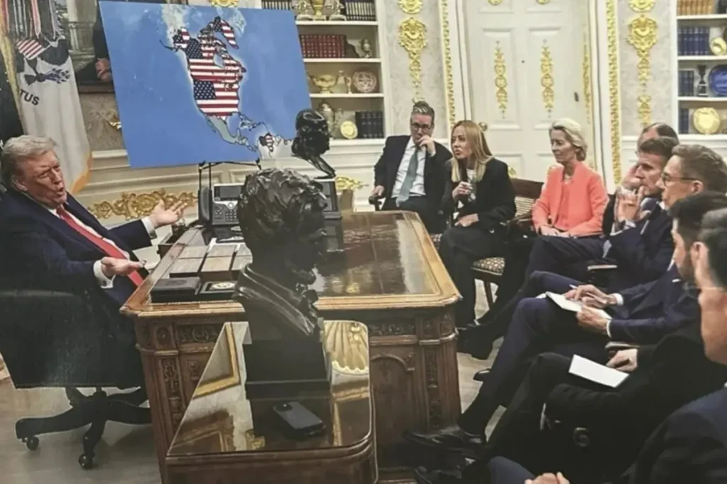 Trump mocks world leaders once more by re-posting an image of a map that includes Canada, Greenland, and Venezuela as part of the US.