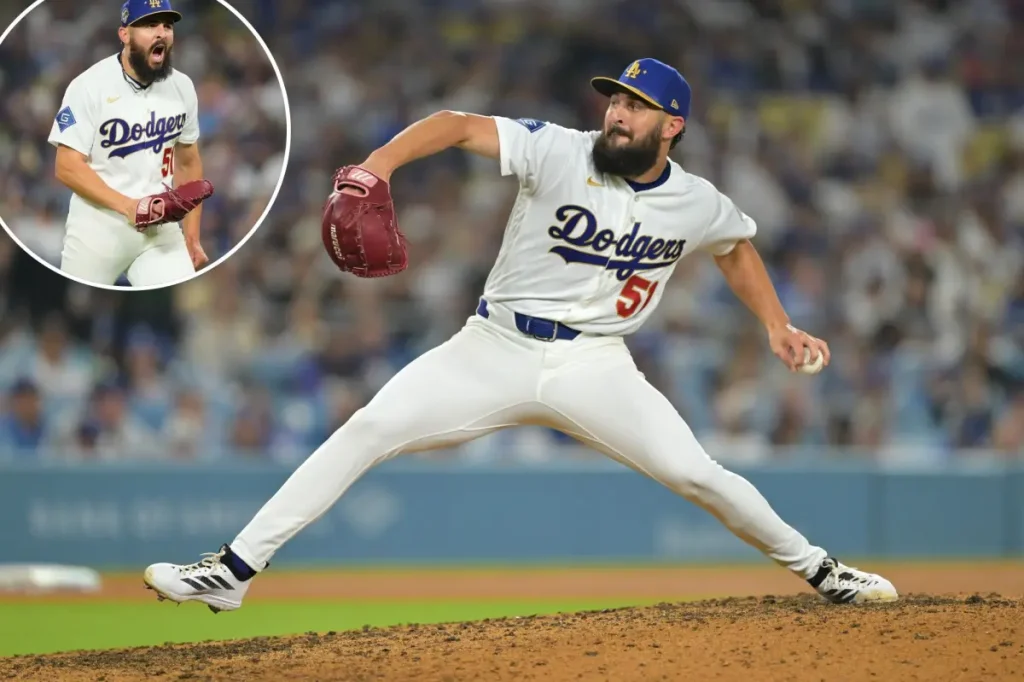 Alex Vesia sports a personalized glove for the Dodgers in his season opener