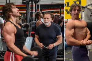 Arnold Schwarzenegger supports training of his love child at Gold's Gym in Venice