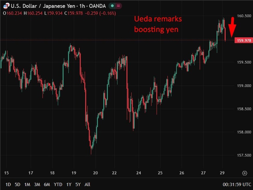 Bank of Japan Governor Ueda states that he will monitor foreign exchange fluctuations as the USD/JPY declines.