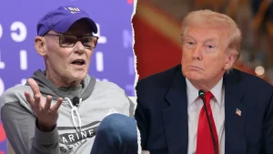 Carville forecasts that Trump will step down after the midterms and receive a pardon from Vance.