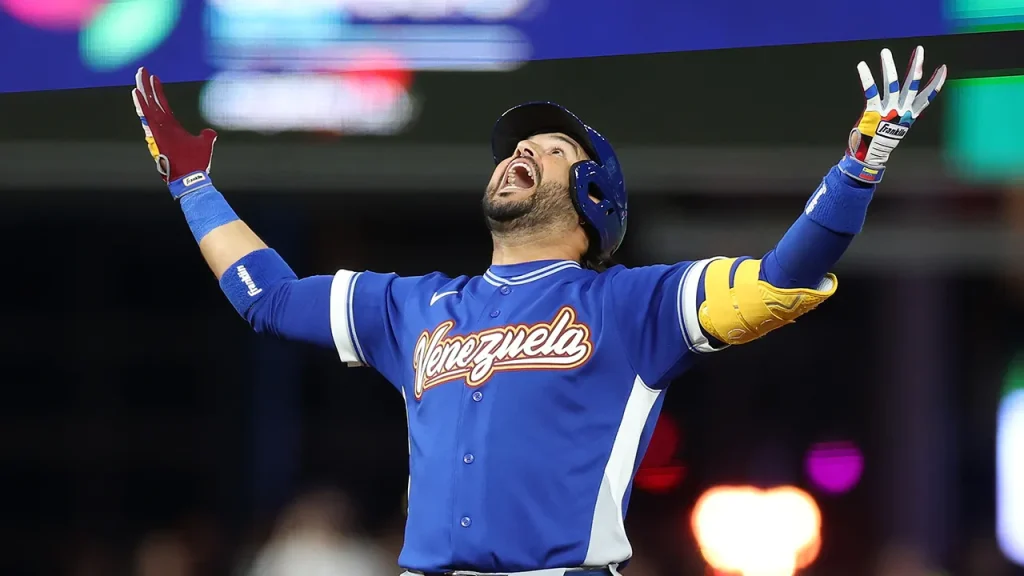Eugenio Suarez from Venezuela expresses gratitude after defeating Team USA in the WBC final.