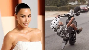 Fans criticize Kim Kardashian for her son's e-bike wheelie picture.