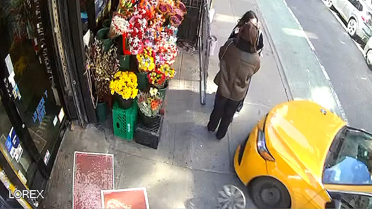 Footage captures a runaway NYC taxi striking two women on the sidewalk.