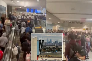 Footage shows turmoil at Philadelphia airport as large groups of passengers gather in the terminal after security checks shut down.