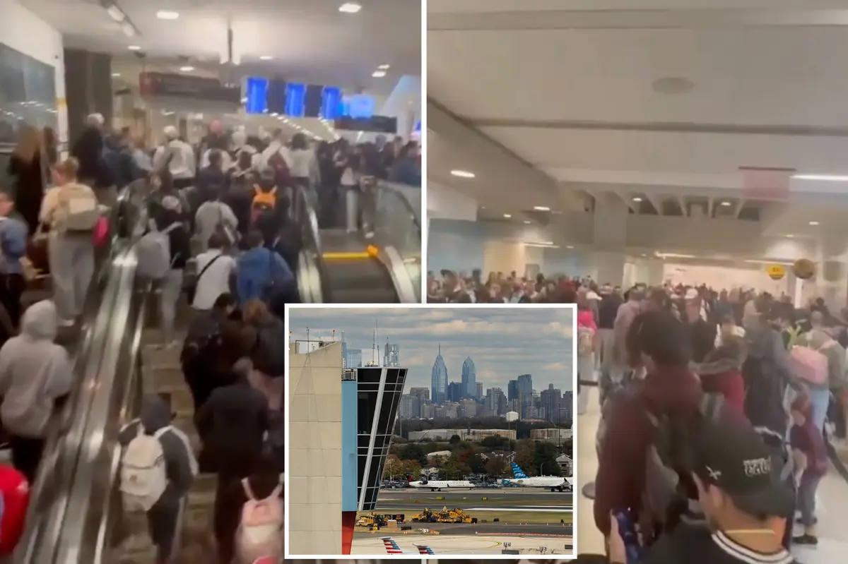 Footage shows turmoil at Philadelphia airport as large groups of passengers gather in the terminal after security checks shut down.