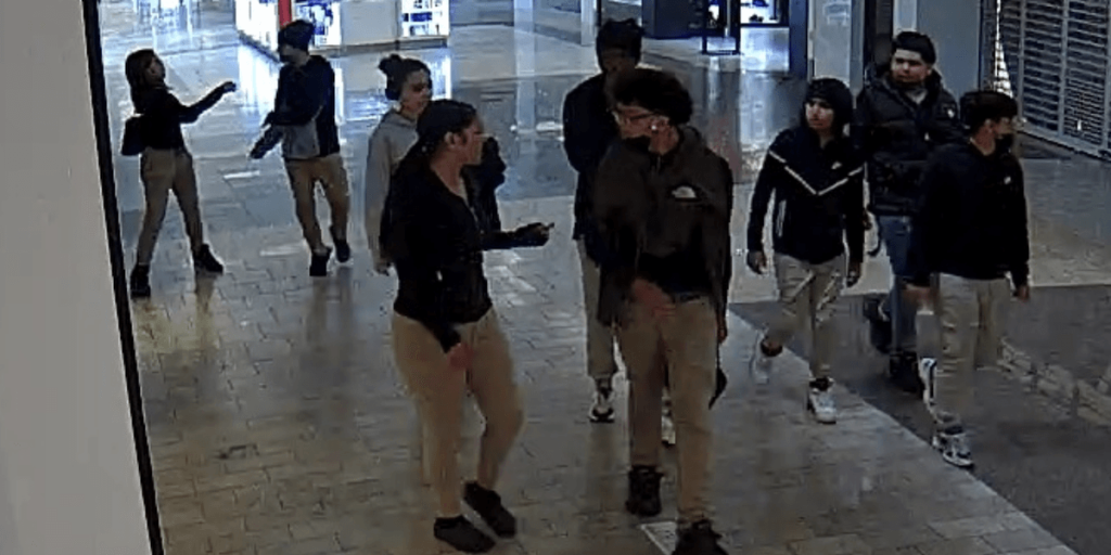 Group of teenagers filmed attacking and robbing a victim in a shopping mall; another similar incident occurred at the same mall last month.