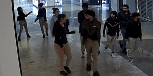 Group of teenagers filmed attacking and robbing a victim in a shopping mall; another similar incident occurred at the same mall last month.
