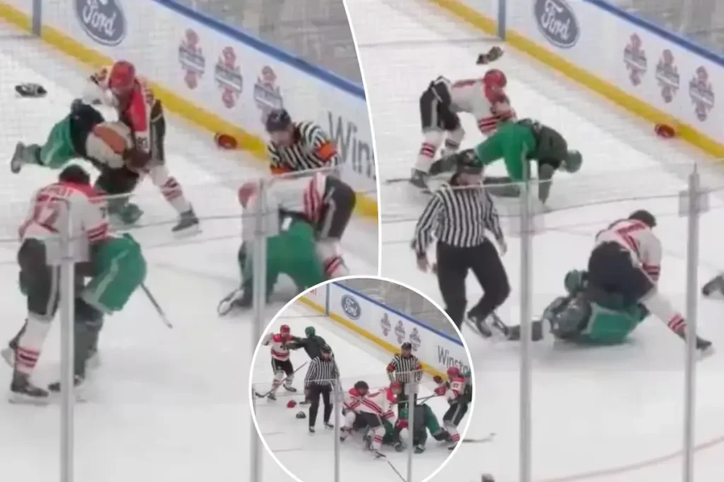 Hockey players from NYPD and FDNY fight during a competitive match at UBS Arena
