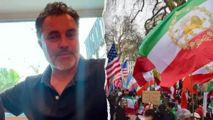 Iranian American couple from California stands against anti-war demonstrations in the US