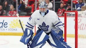 Maple Leafs goalie Anthony Stolarz taken to hospital after puck strikes his throat