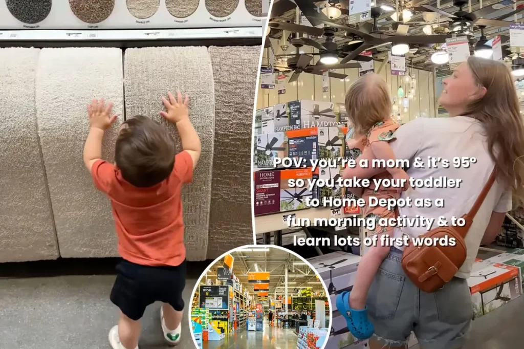 Mothers with young children overcoming parenting exhaustion at Home Depot