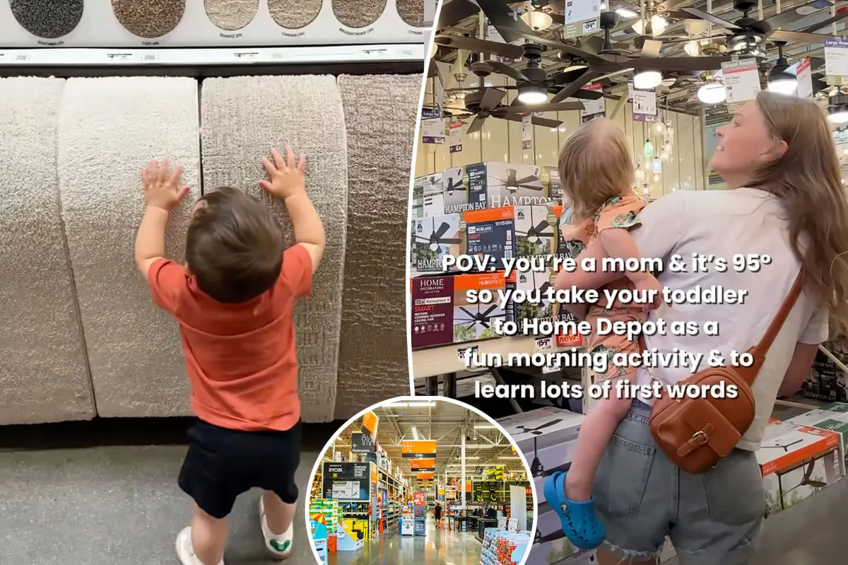 Mothers with young children overcoming parenting exhaustion at Home Depot