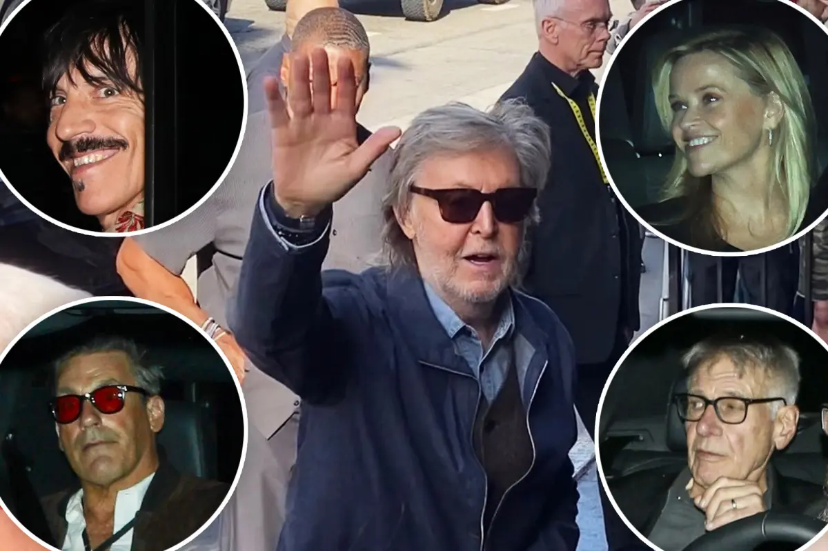 Paul McCartney performs for Jon Hamm, Harrison Ford, Reese Witherspoon, and Ringo Starr at the Fonda Theater in Hollywood