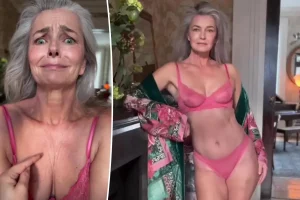 Paulina Porizkova, 60, showcases pink lingerie while discussing the illusions of social media.