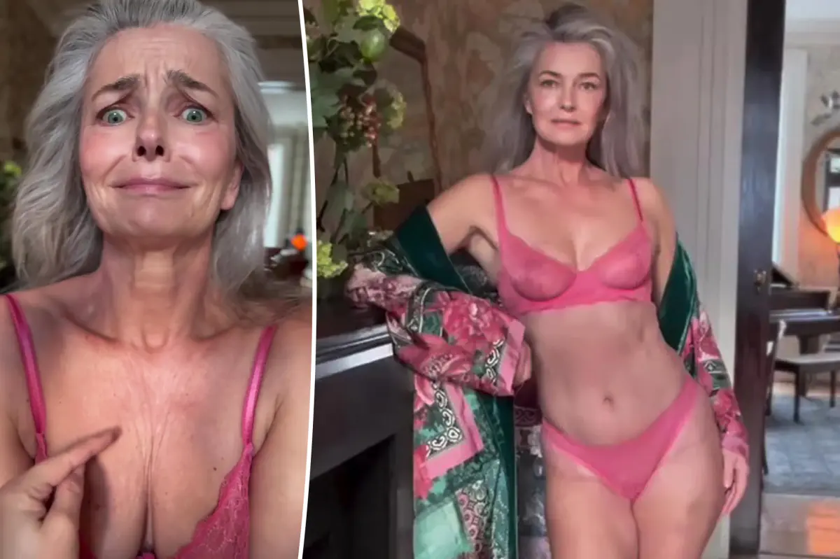 Paulina Porizkova, 60, showcases pink lingerie while discussing the illusions of social media.