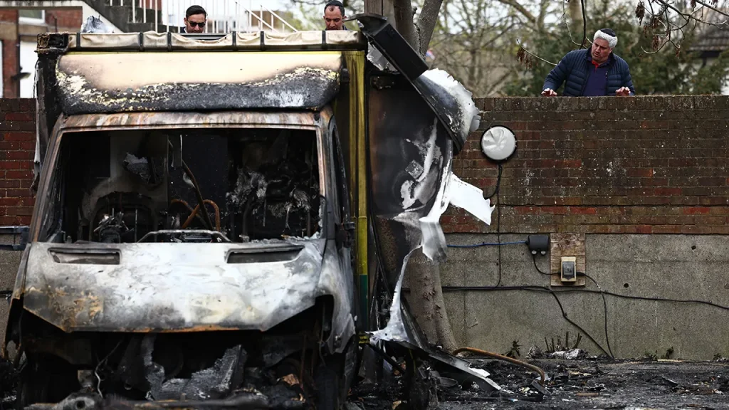 Police in the UK detain two people for suspected arson targeting Jewish ambulances motivated by antisemitism.