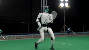 Robot tennis player demonstrates live AI responses