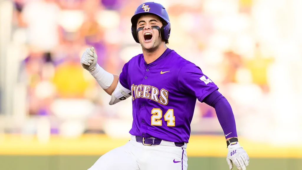 Seth Dardar from LSU delivers an impressive bat flip following a key home run