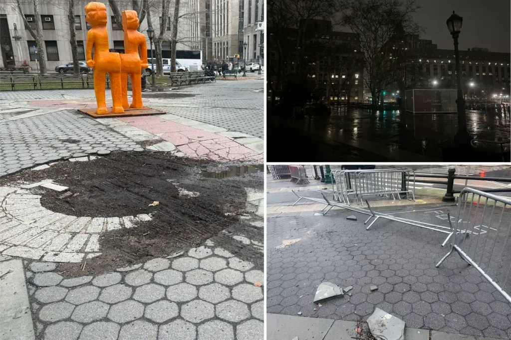 Severely neglected NYC plaza suffers from ruined pavement and broken lights