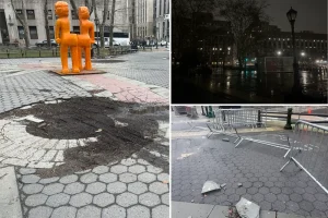 Severely neglected NYC plaza suffers from ruined pavement and broken lights