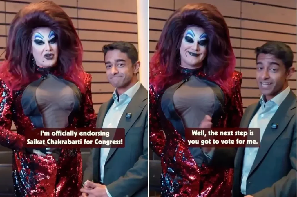 Strange moment a millionaire connected to AOC secures a drag queen's endorsement for Nancy Pelosi's position.