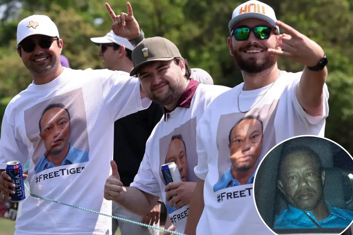 Tiger Woods supporters don shirts featuring his mugshot at the PGA Tour's Houston Open