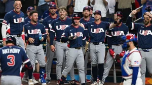 US team receives game-worn Olympic jerseys from gold medal winners during World Baseball Classic