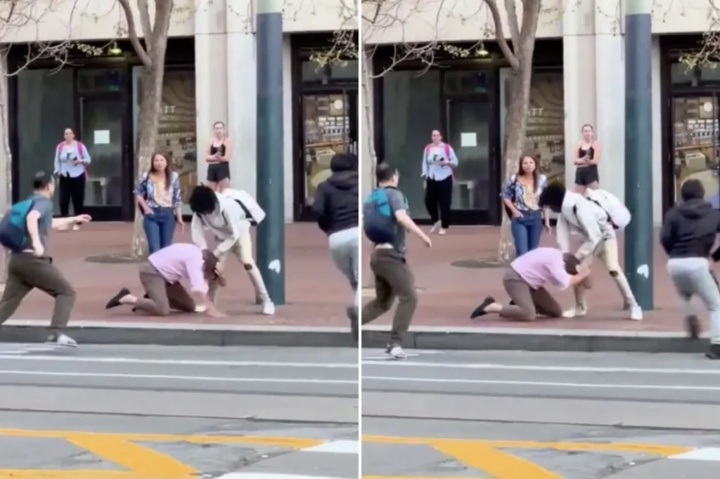 Unrestrained street altercation in San Francisco displays youths attacking a man in daylight