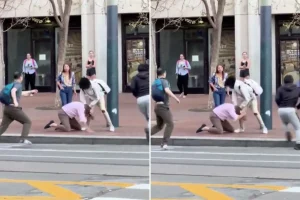 Unrestrained street altercation in San Francisco displays youths attacking a man in daylight