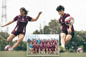 Women soccer players from Iran who were given asylum in Australia are seen practicing in Brisbane.