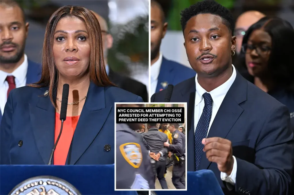 AG Letitia James differs from her own office regarding claimed 'deed theft' that resulted in NYC politician's protest arrest.