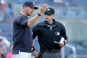 Aaron Boone criticizes 'overly sensitive' umpires following his ejection from the game.