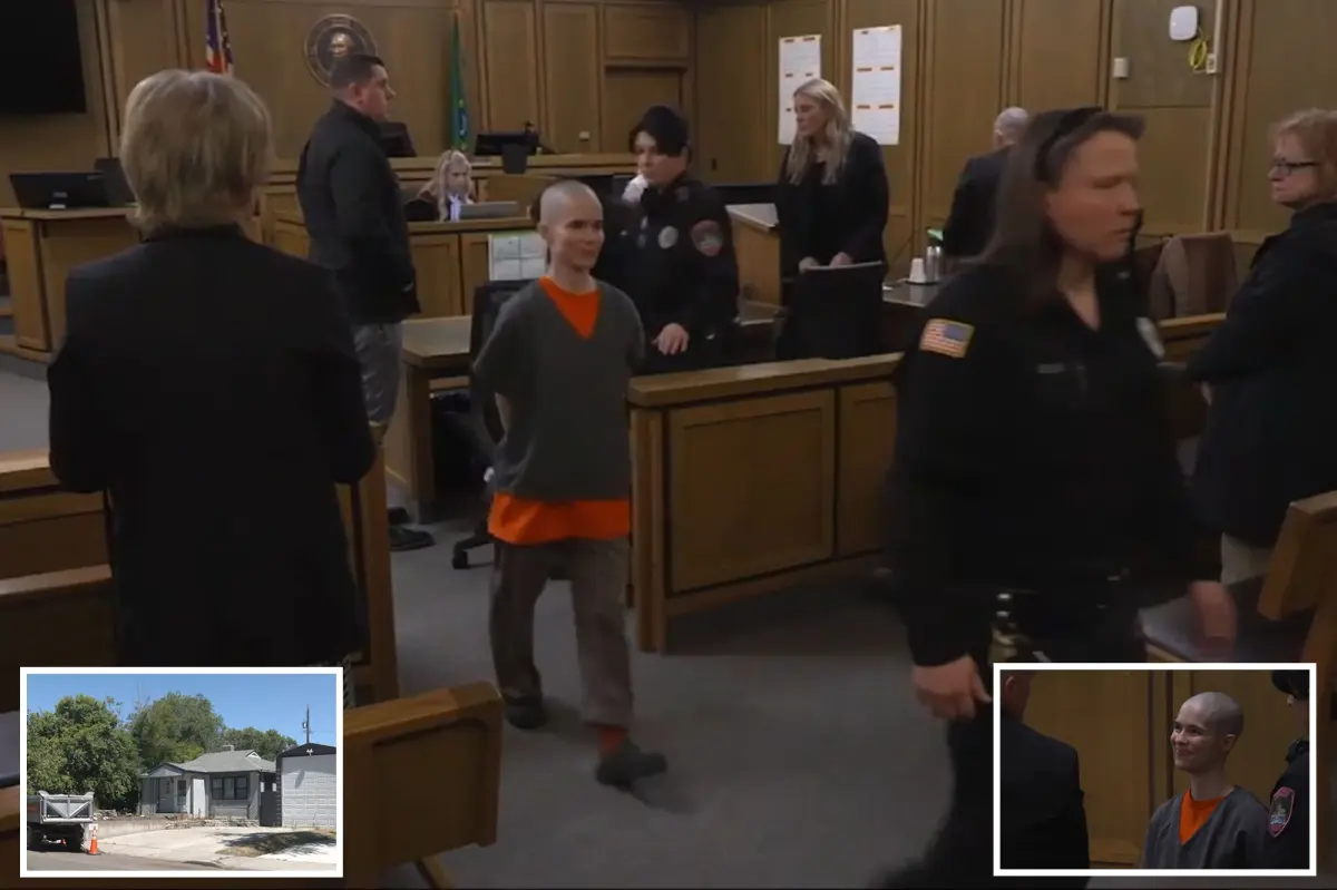 Alyssa Bradburn, the bald-headed murderer, grins as prosecutors disclose her actions before her father entered.