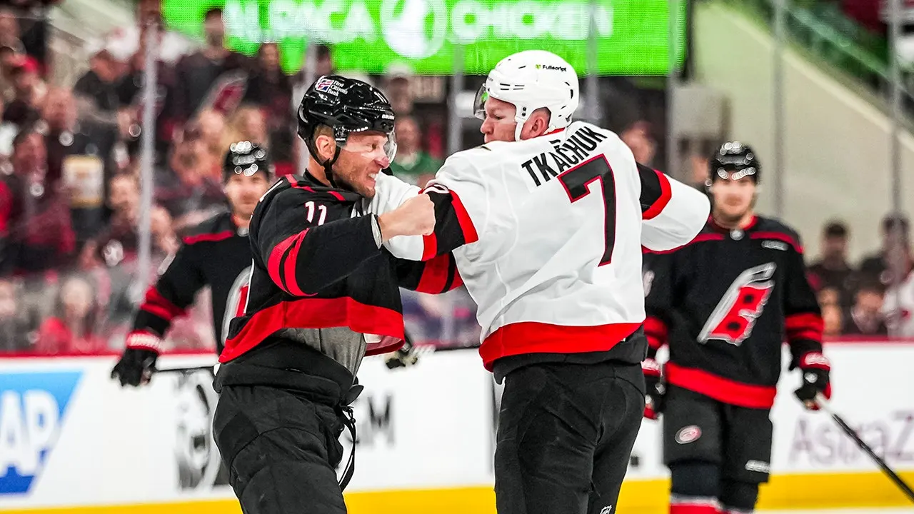 Brady Tkachuk and Jordan Staal clash at the start of the NHL playoffs