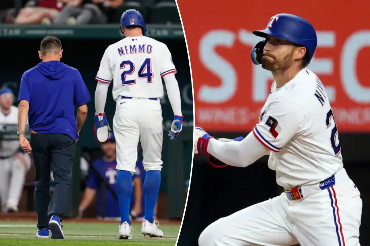 Brandon Nimmo leaves game against Yankees due to a possible leg problem, raising concerns for Rangers.