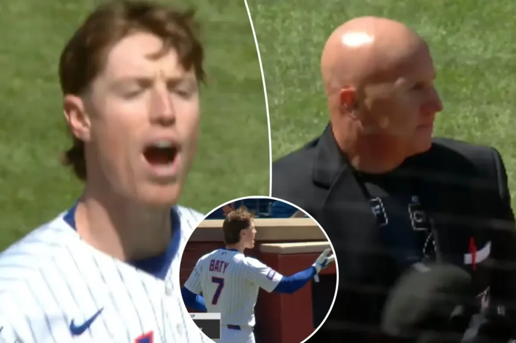 Brett Baty of the Mets argues with the home plate umpire after a disputed call