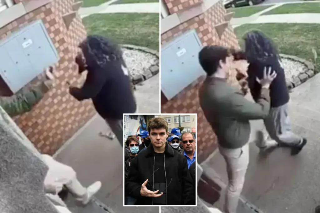 Disturbing footage reveals white supremacist Nick Fuentes spraying pepper and pushing a woman outside his residence.