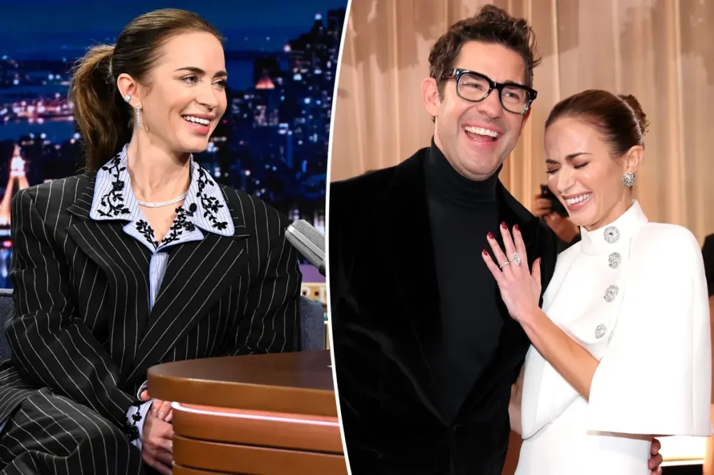 Emily Blunt shares that John Krasinski’s turtleneck at the 2026 Golden Globes made her feel uncomfortable.
