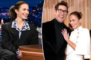 Emily Blunt shares that John Krasinski’s turtleneck at the 2026 Golden Globes made her feel uncomfortable.