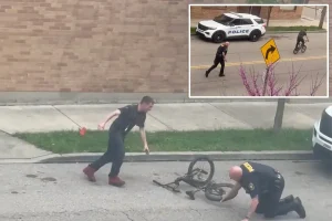 Exhausted officer tries to catch bike-riding troublemaker in popular 'cat-and-mouse' chase