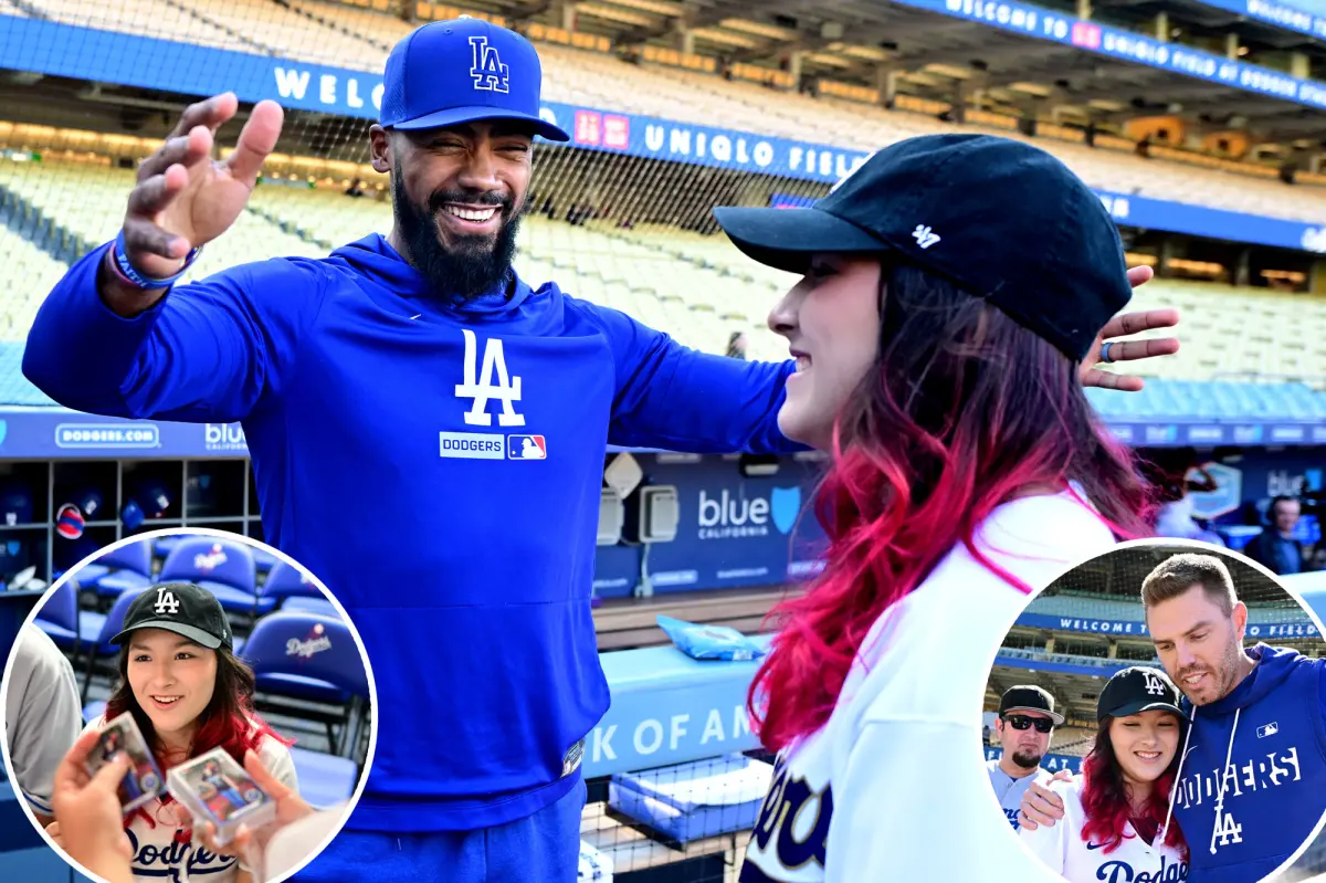 Freddie Freeman and Teoscar Hernández delight a Make-A-Wish child at Dodger Stadium