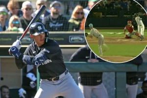 George Lombard Jr. of the Yankees hits a double against Zack Wheeler as his strong performance continues