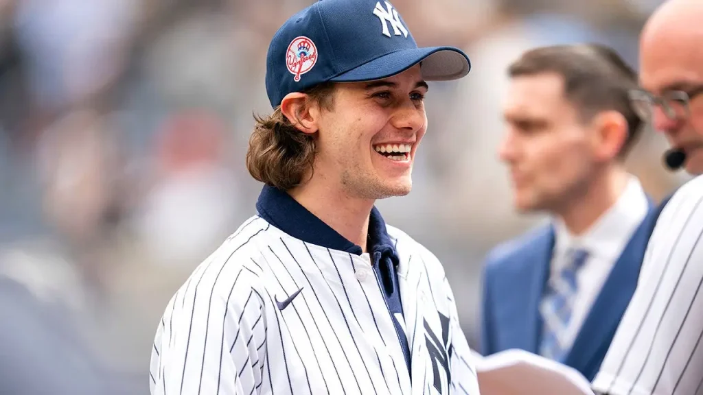 Jack Hughes shows off his new smile at the Yankees' home opener