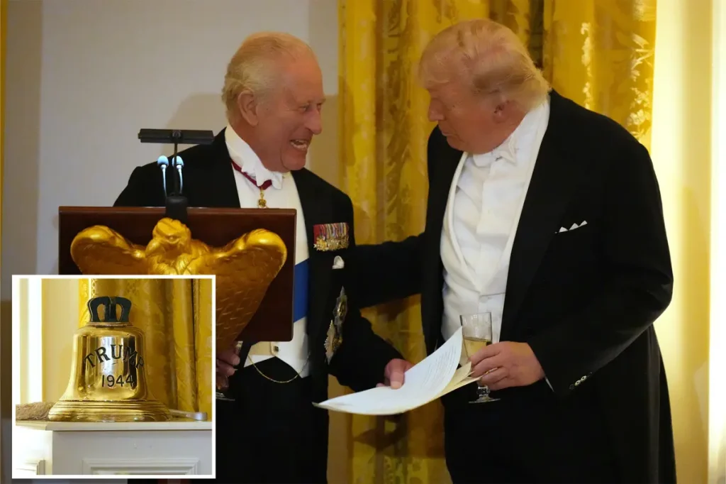 King Charles III presents the president with a bell from HMS Trump at the state dinner in the White House