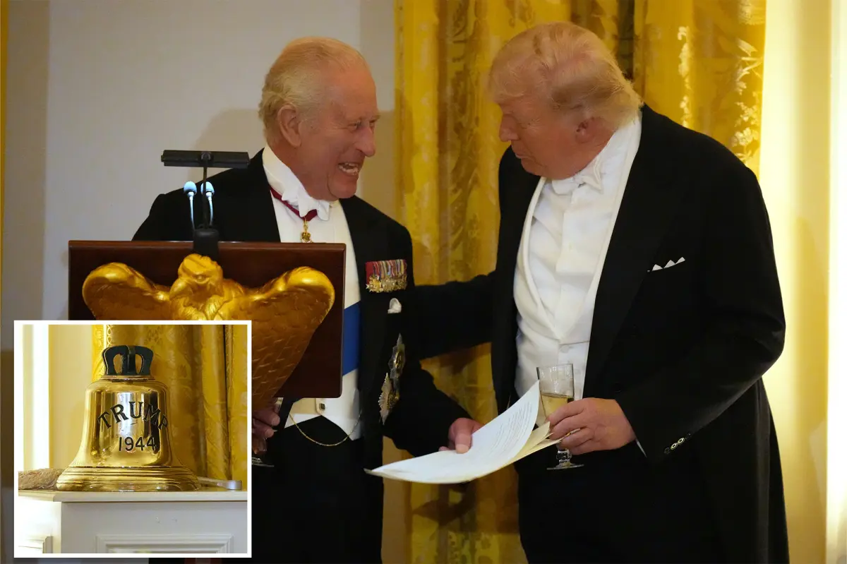 King Charles III presents the president with a bell from HMS Trump at the state dinner in the White House