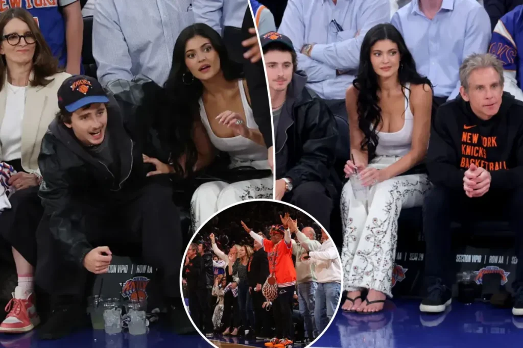 Kylie Jenner and her boyfriend Timothee Chalamet attend Game 5 between the Knicks and Hawks.
