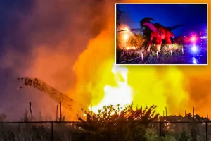Lightning in Kansas transforms a 100-foot dinosaur into a blazing fireball at a theme park.