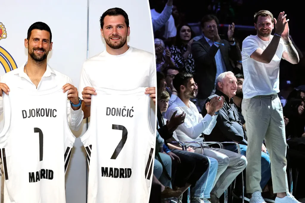 Luka Doncic and Novak Djokovic seen at a Real Madrid basketball game before the Lakers playoff series